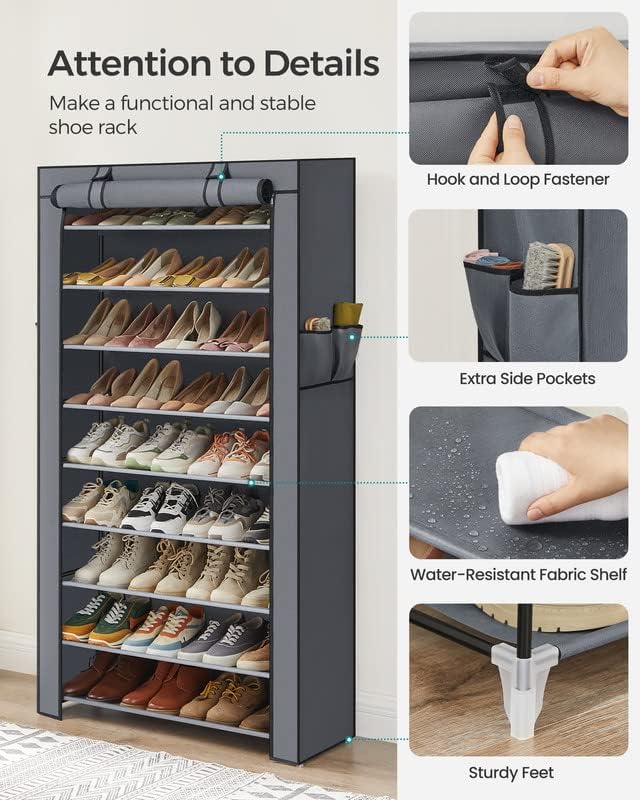 SONGMICS 10-Tier Shoe Rack Storage Cabinet with Dustproof Cover Gray