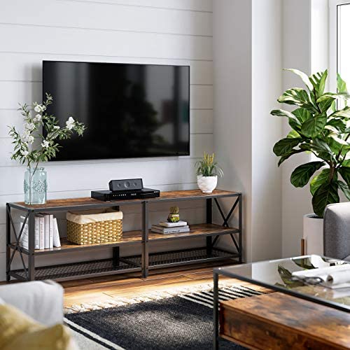 VASAGLE 140cm Entertainment Unit with Shelves Steel Frame Vintage Brown/Black