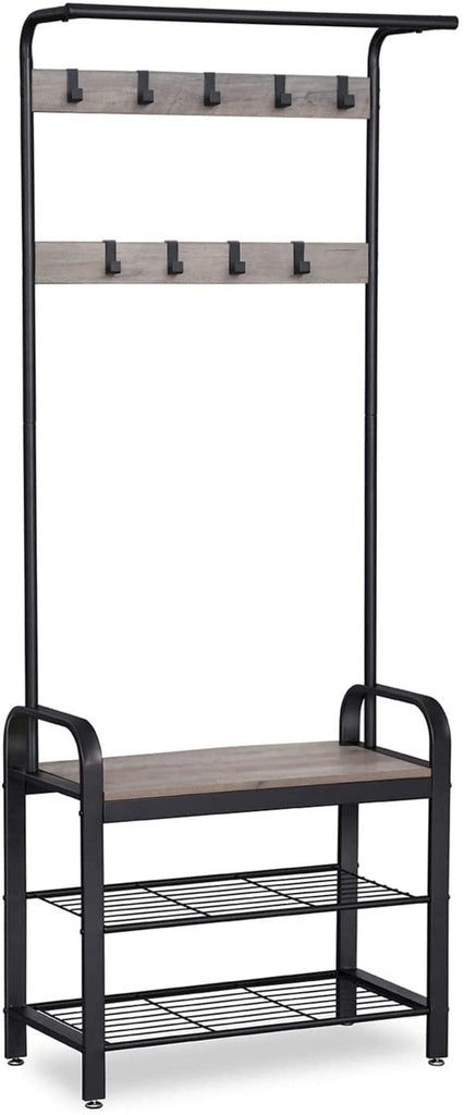 VASAGLE Entryway Hall Tree Coat Rack 183cm Shoe Bench with Shelves Greige and Black