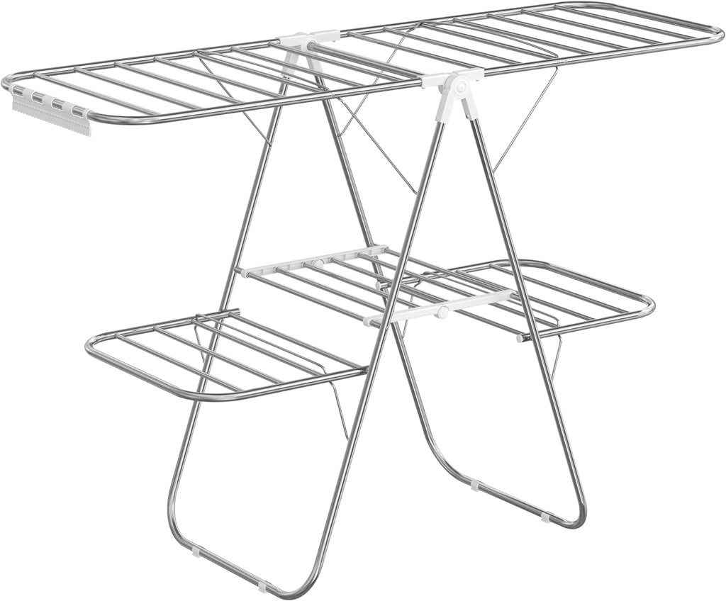 SONGMICS Foldable 2-Level Large Clothes Drying Rack with Adjustable Wings 33 Drying Rails and Clips Silver and White