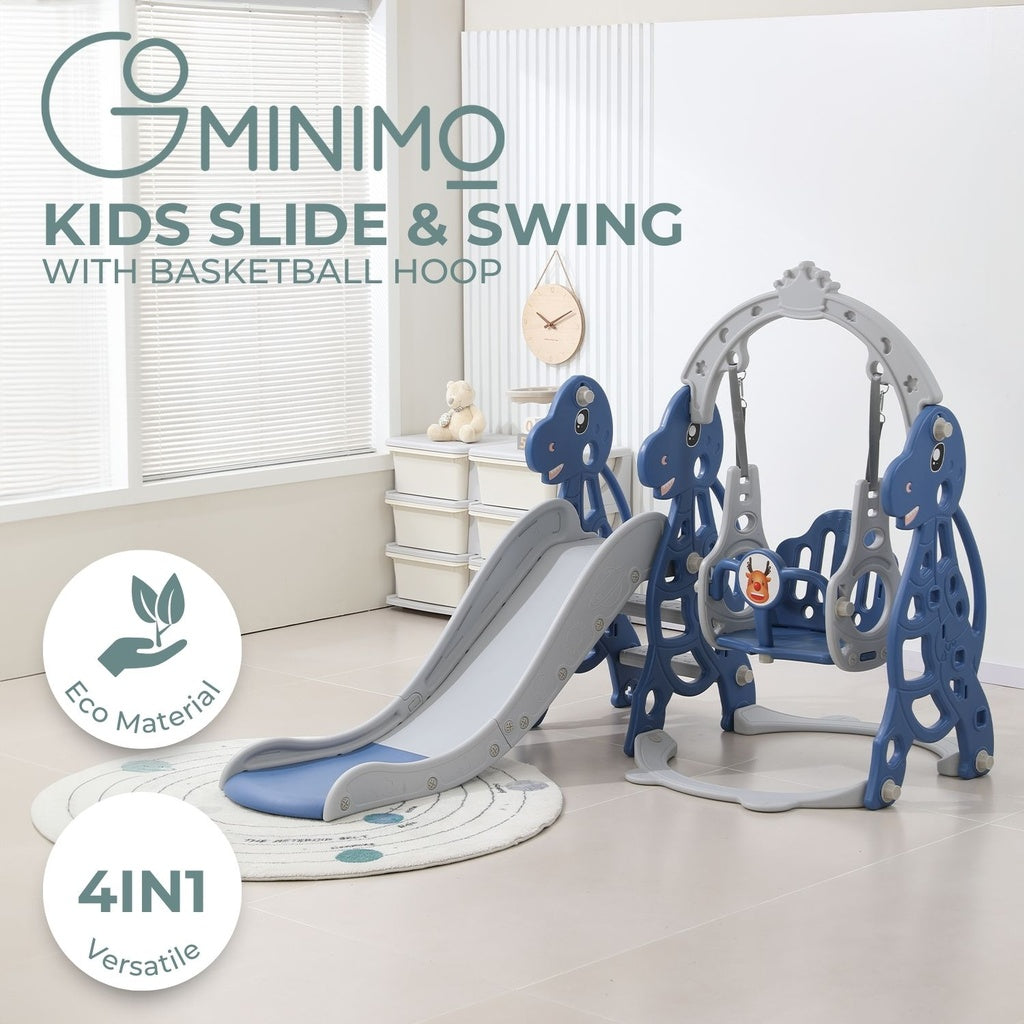 GOMINIMO Kids Slide and Swing Set with Basketball Hoop (blue Dinosaur)