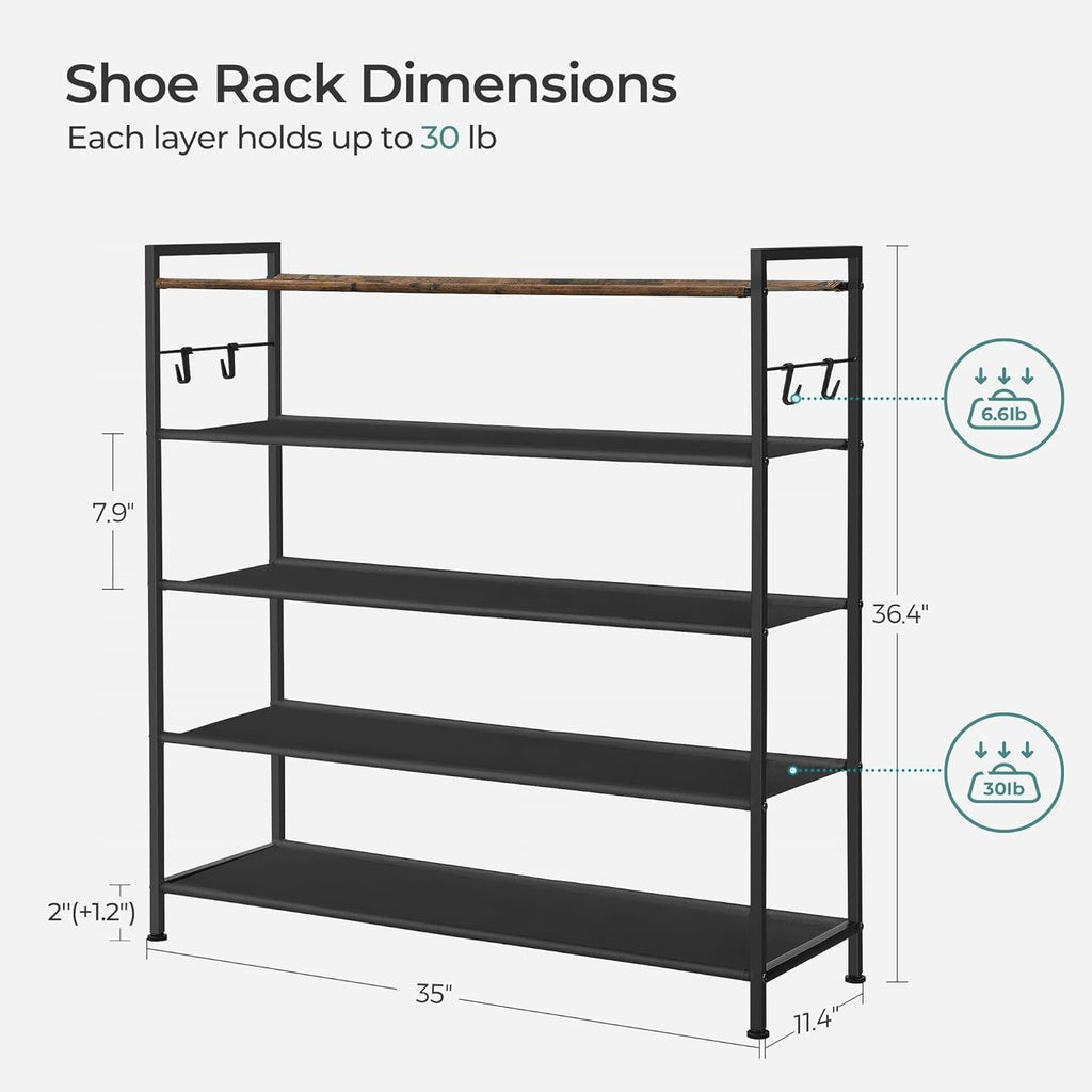 SONGMICS 5 Tier Shoe Rack Storage Organizer for 20-25 Pairs with 4 Hooks Rustic Brown